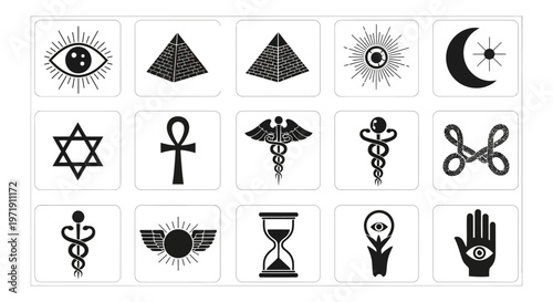 Esoteric Symbols Collection: Eye, Pyramid, Moon, Star, Ankh, Caduceus, Hourglass