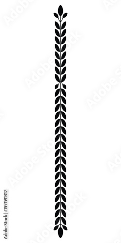 Elegant symmetrical black feather pattern extending vertically in a continuous line isolated on white background, Vector, illustration