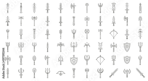 Fantasy Weapons Icons: Swords, Axes, Shields, Tridents, Bows - Hand-Drawn Style
