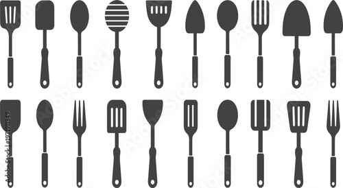Kitchen utensils and cooking tools icons set with spatula, spoon, fork and ladle isolated vector design