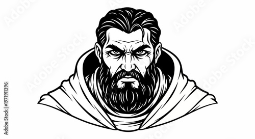 Fierce Bearded Man Portrait, Mystic Warrior, Fantasy Character, Black and White