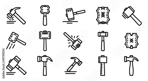 Hammer Icons Set: Mallet, Claw Hammer, Leather Punching Tool