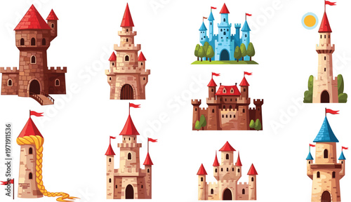 Fantasy Castle Collection with Medieval Towers and Fairytale Fortresses in Cartoon Style for Game Design, Kids Illustration, and Magical Architecture Set