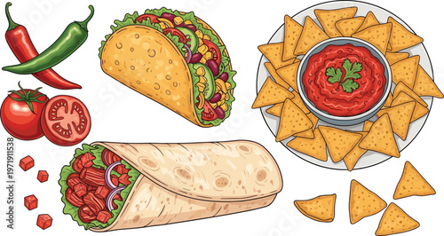 Mexican Food Set with Taco, Burrito, Nachos, Salsa, and Chili Peppers in Detailed Style for Cuisine Illustration, Restaurant Menu Design, and Street Food Collection