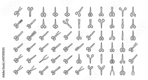 Quadro su tela Hand Drawn Scissors Collection: Various Styles, Sketchy Design, Isolated on Whit