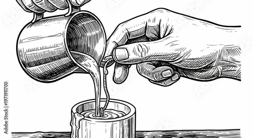 Hand Pouring Molten Metal into Mold, Black and White Illustration, Industrial Process