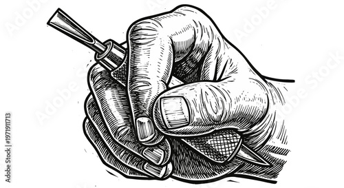 Hand holding wood carving chisel, illustration, close-up