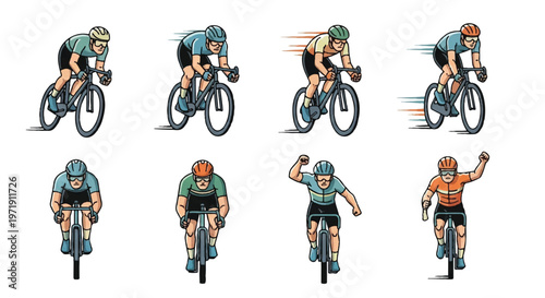Cyclists riding bicycles in various positions and styles isolated