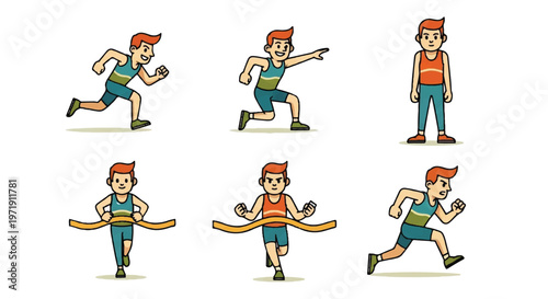 Athlete in various running poses and hurdle jump cartoon illustrations