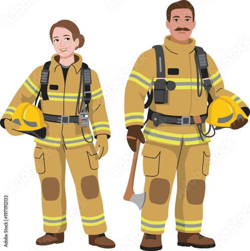 Male and female professional firefighters standing in full protective gear holding helmets and an axe for emergency service and rescue concept.
