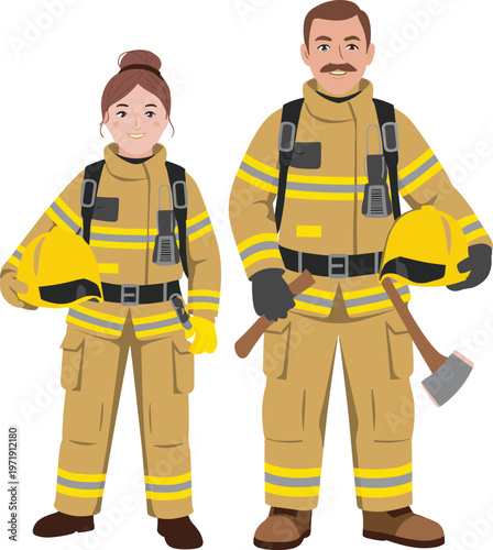 Male and female professional firefighters standing in full protective gear holding helmets and an axe for emergency service and rescue concept.
