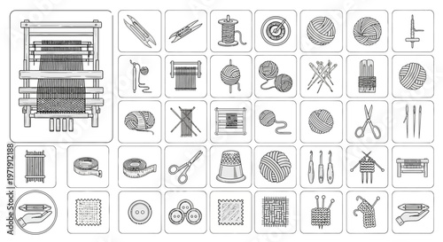 Handicraft Icons Set: Weaving, Knitting, Sewing Tools and Materials
