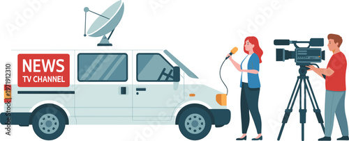 Television news crew with a female reporter holding a microphone and a cameraman filming near a news van with a satellite dish for broadcasting concept.