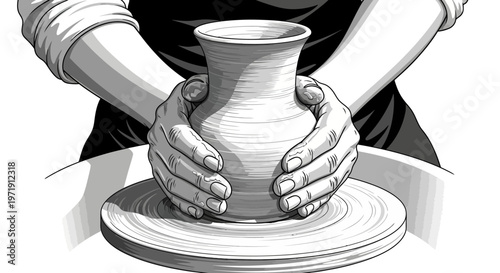 Hands Shaping Clay Pot on Pottery Wheel, Artistic Craftsmanship