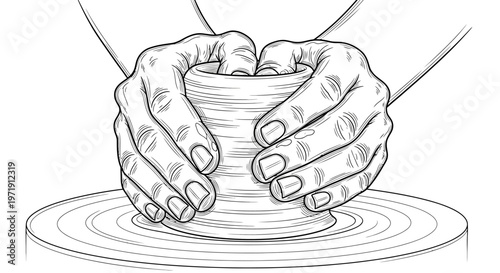 Hands shaping clay on a pottery wheel, artistic craft, creative hobby, illustration