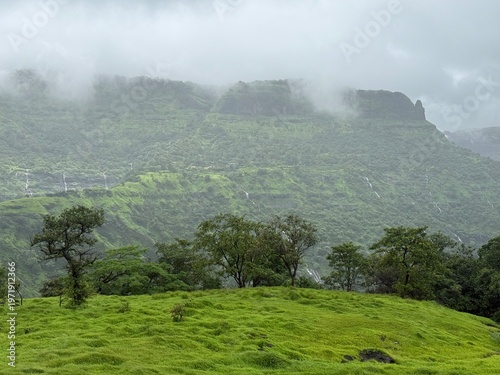 Lush green landscape from Sahyadri Mountain Range, the western ghats of India near Matheran.