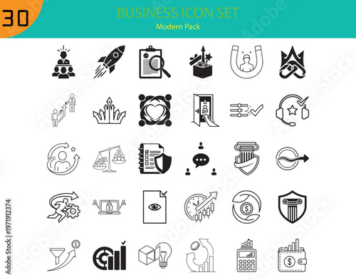 Business icons set including various office supplies and symbols