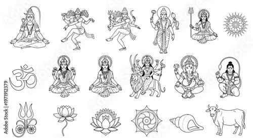 Hindu Gods and Symbols Collection: Line Art Illustrations