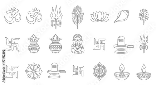 Hindu Symbols Collection: Om, Trishul, Ganesha, Lotus, Swastika, Kalash, Shankha, Diya