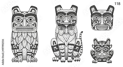 Indigenous Art: Northwest Coast Totem Pole Figures - Animals, Faces