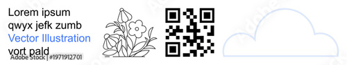 Digital tools, branding, education, nature, web design, minimalism. QR code, flowers cloud sample text included. Digital tools and branding purposes concept