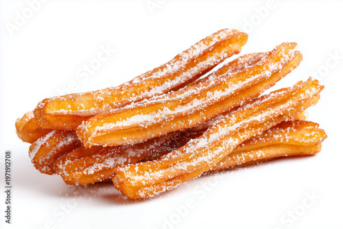 Churros coated with sugar and cinnamon in crispy golden texture dessert isolated on white background
