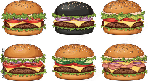 Burger Collection with Different Cheeseburger Variations in Colorful Detailed Style for Fast Food Illustration, Restaurant Menu Design, and Meal Collection