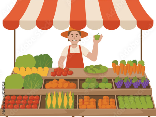 Friendly farmer selling fresh organic fruits and vegetables at a local market stall with red and white striped awning.