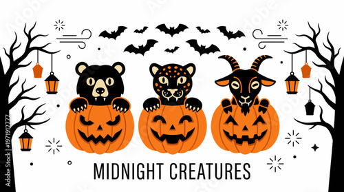 Adorable nocturnal forest creatures peeking from glowing jack-o'-lanterns, surrounded by spooky trees and flying bats for a fun Halloween celebration