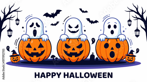 Happy Halloween greeting card featuring three cute ghosts popping out of jack-o'-lanterns with bats flying in the background
