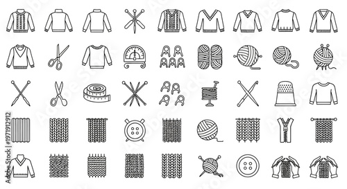 Knitting and Crochet Icons Set: Sweaters, Yarn Balls, Needles, Scissors, Thimble