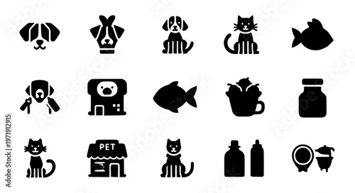 Stylized pets glyph solid vector icon set animal care EPS10 isolated on white