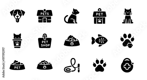 Pets glyph solid icon vector set dog cat fish pet care EPS10 isolated on white