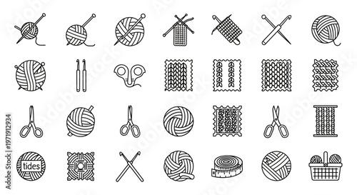 Knitting and Crochet Icons Set: Yarn, Needles, Hooks, Scissors, Fabric Swatches