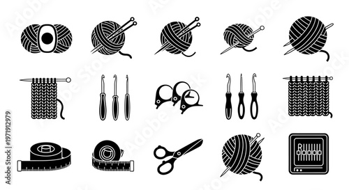 Knitting and Crochet Supplies Icon Set - Yarn, Needles, Hooks, Scissors