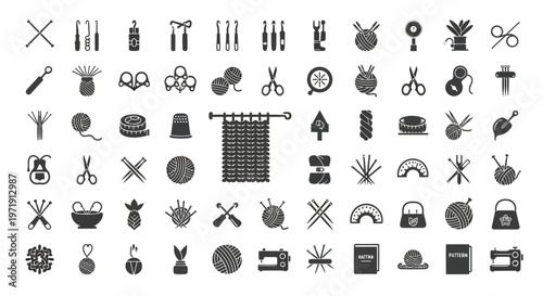 Knitting and Sewing Icons: Crafting Tools, Yarn, and Sewing Machine - Vector Set