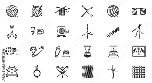 Knitting and Sewing Icons Set - Crafting and Handmade Hobby Vector Graphics