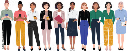Large set of diverse professional business women in modern office attire standing together for corporate teamwork and female leadership concept.