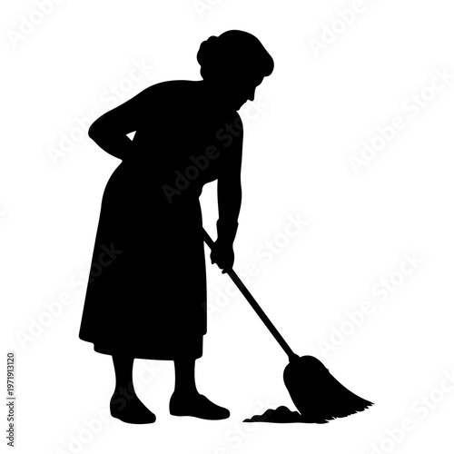 Silhouette of a Woman Sweeping Floor with Broom, Vector Illustration