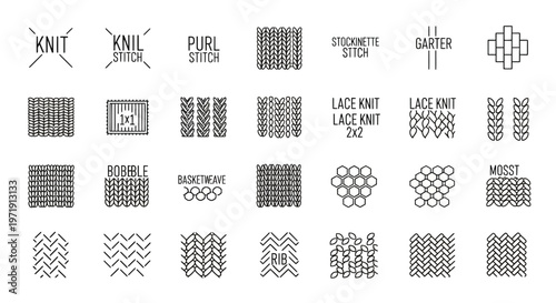 Knitting Stitches and Patterns: Line Art Icons and Symbols