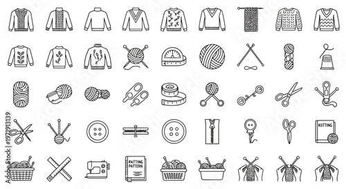Knitting Supplies Icons Set - Handmade Craft Tools and Garments