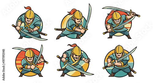 Cartoon warrior poses with swords on circle backgrounds