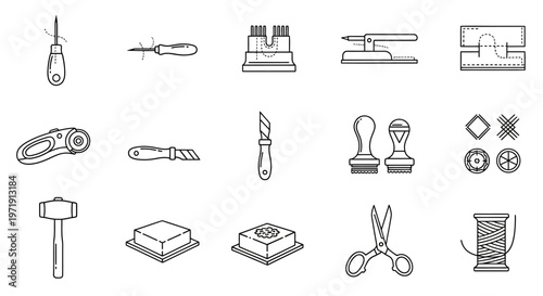 Leather Craft Tools and Supplies Icons Set