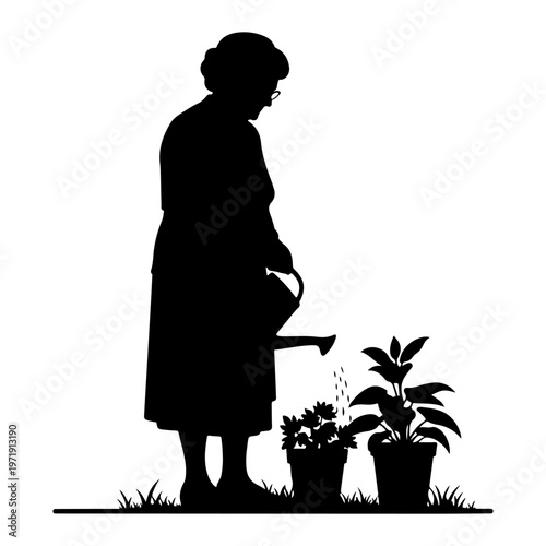 Silhouette of elderly woman watering potted plants, flat design vector illustration