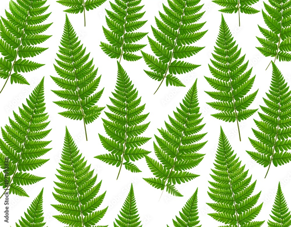 Obraz premium Vibrant Green Ferns - A Botanical Pattern on White.