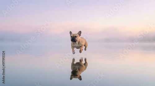 French bulldog jumping over calm water with reflection in soft pastel background
