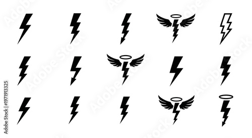 Lightning Bolt Icons Set: Simple, Angelic, and Abstract Designs