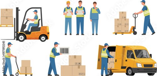 Vector set of warehouse workers managing logistics including forklift operation loading delivery van and moving cardboard boxes with hand trucks.