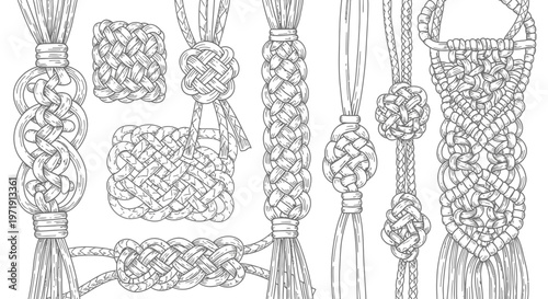 Macrame Knot Samples Collection: Hand-Drawn Decorative Cord Patterns