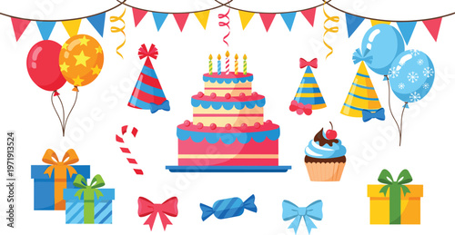 Birthday Celebration Collection with Cake, Balloons, Gifts, Party Hats, and Candy Decorations in Colorful Style for Event Illustration and Festive Design Set